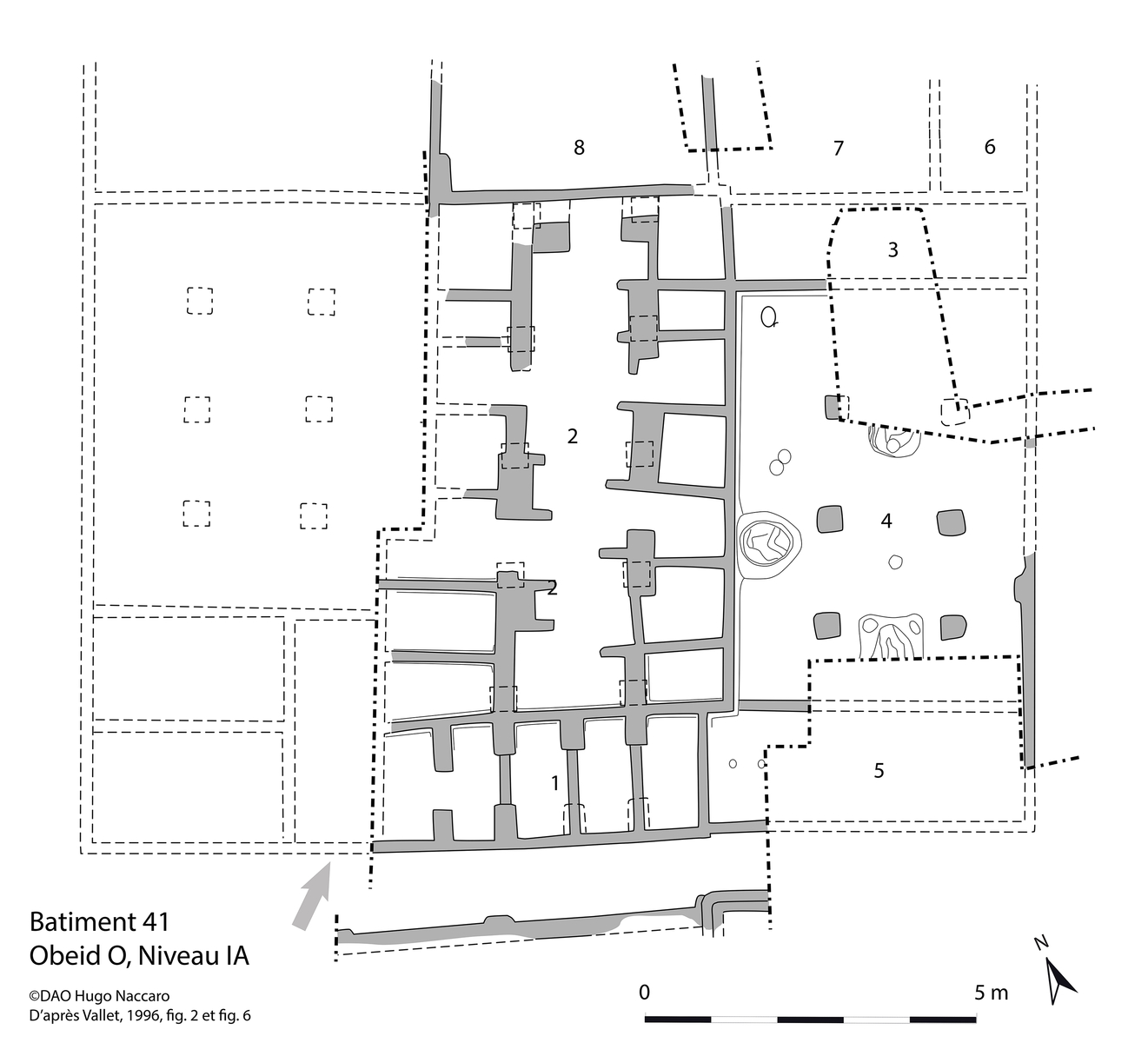 Plan de la maison 41. © Hugo Naccaro, d’après Vallet, 1996, p. 122, fig. 2 et p. 126, fig. 6