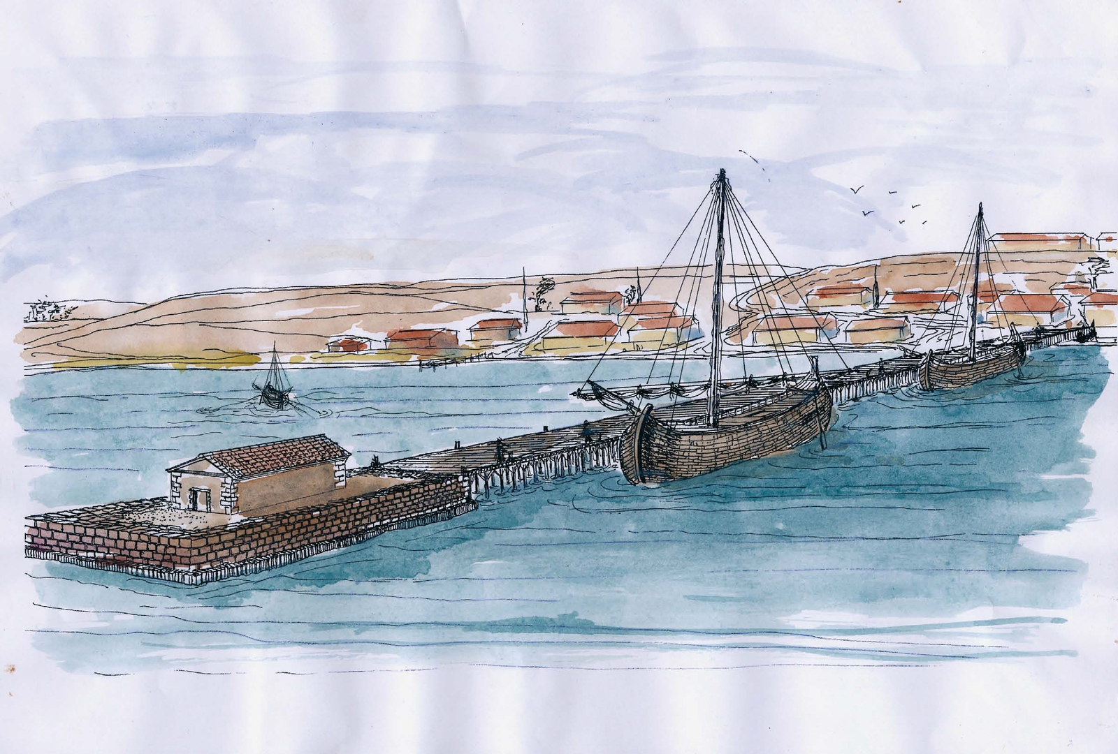 Dessin d'une reconstitution du port de la Nautique