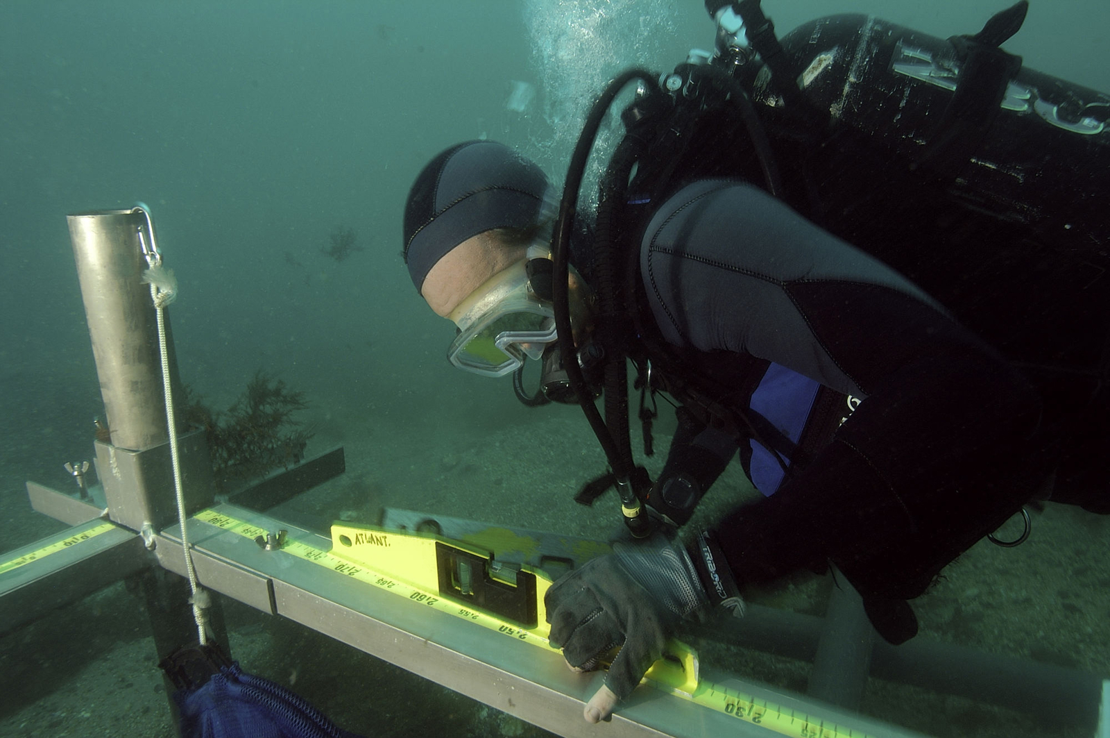 Photographie sous-marine d'un plongeur vérifiant la hauteur du carroyage