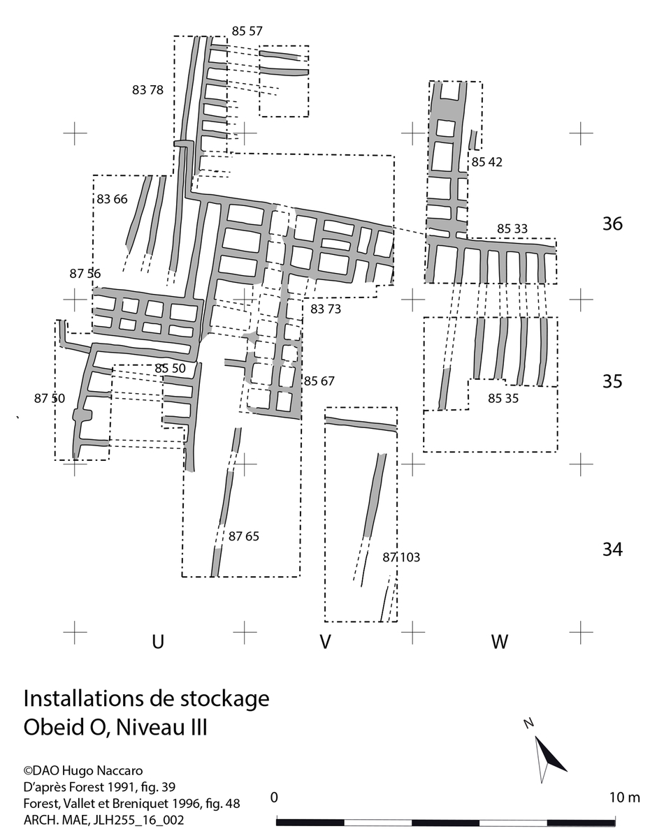 Plan des greniers Obeid 0. © Hugo Naccaro, d’après Forest, 1991, p. 136, fig. 39 ; Forest, Vallet et Breniquet 1996, p. 91, fig. 48 ; ARCH. MAE, JLH255_16_002