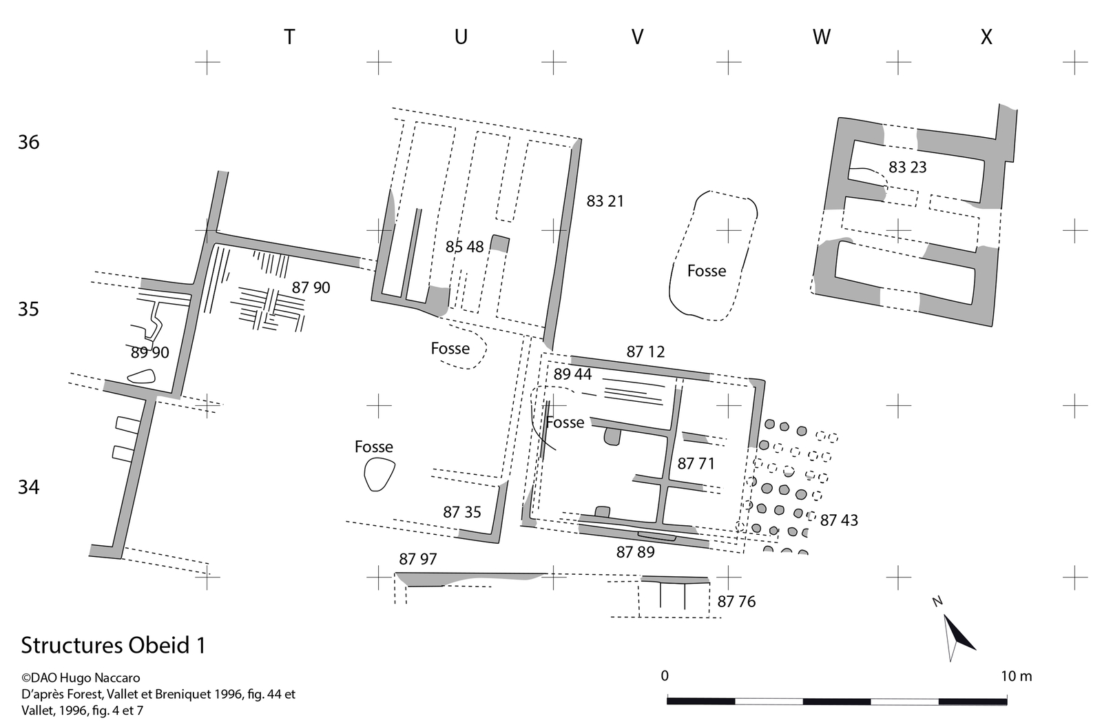Plan des greniers Obeid 1. © Hugo Naccaro, d’après Forest, Vallet et Breniquet 1996, p. 88, fig. 44 ; Vallet 1996, p. 124, fig. 4 et p. 127, fig. 7