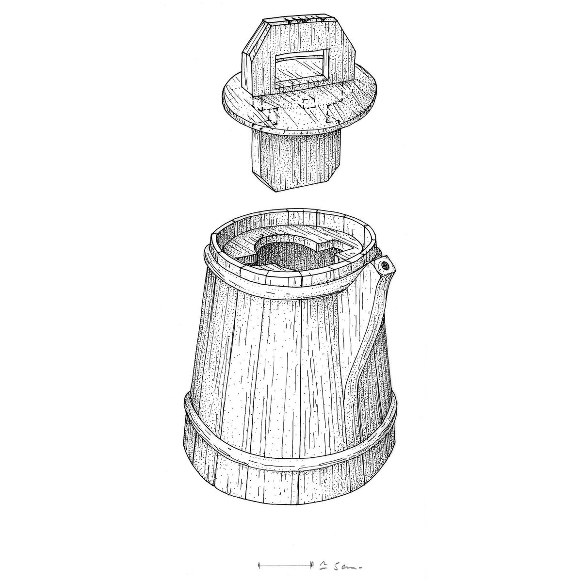 Dessin de reconstitution du bidon découvert sur l'épave de la frégate la Dauphine (1704), avec le mode de fixation de son couvercle à poignée