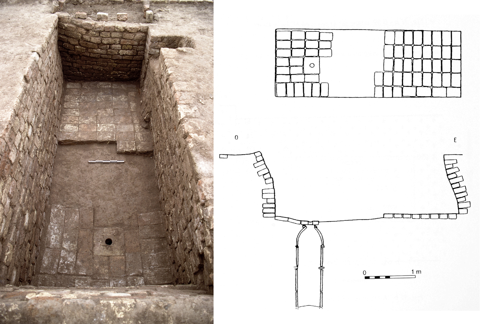 La salle d’eau de B 59. © Mission Archéologique française de Larsa-‘Oueili, ARCH. MAE, JLH279_05_003 et schéma publié dans Calvet, 2003, p. 224, fig. 32b, dessin P. Anselm