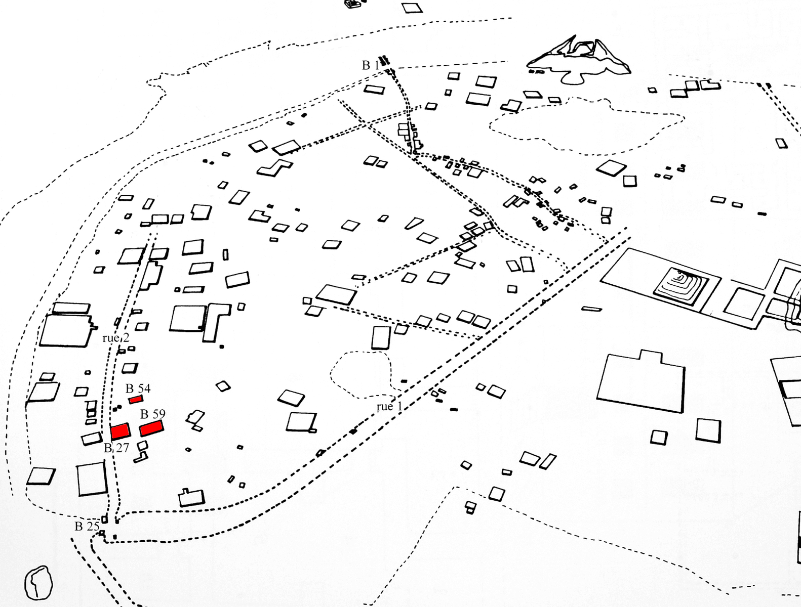 Emplacement des maisons fouillées. © Mission Archéologique française de Larsa-‘Oueili, publié dans Calvet, 20003, p. 234, fig. 43, dessin J. Suire