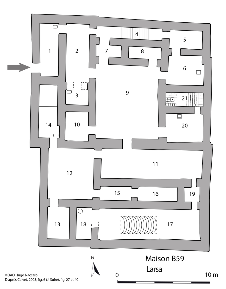 Plan de la maison B 59. © Hugo Naccaro, d’après Calvet, 2003, fig. 6 (J. Suire) et fig. 27 et 40.