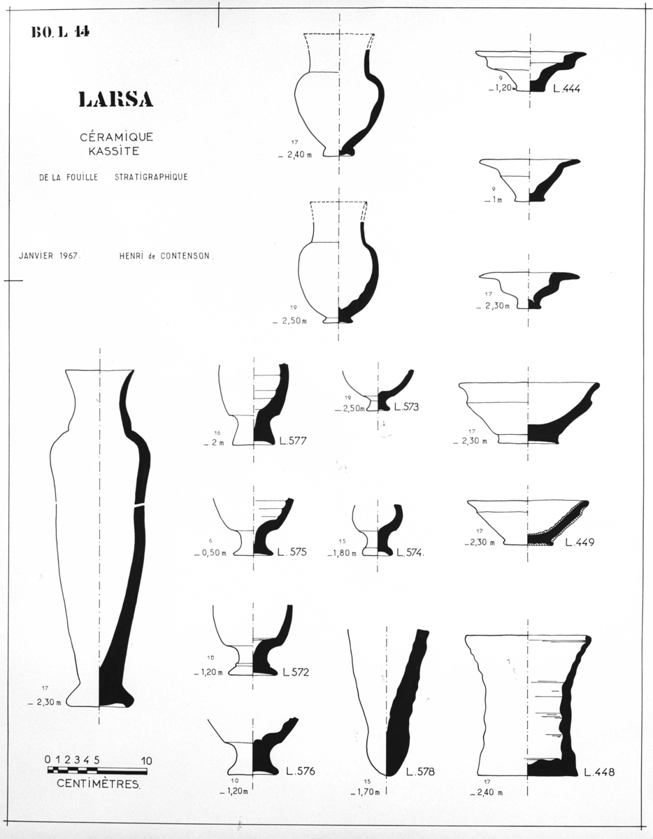 Céramiques de l’époque kassite. © Mission Archéologique française de Larsa, ARCH. MAE, THM317_AP13975, dessin Henri de Contenson