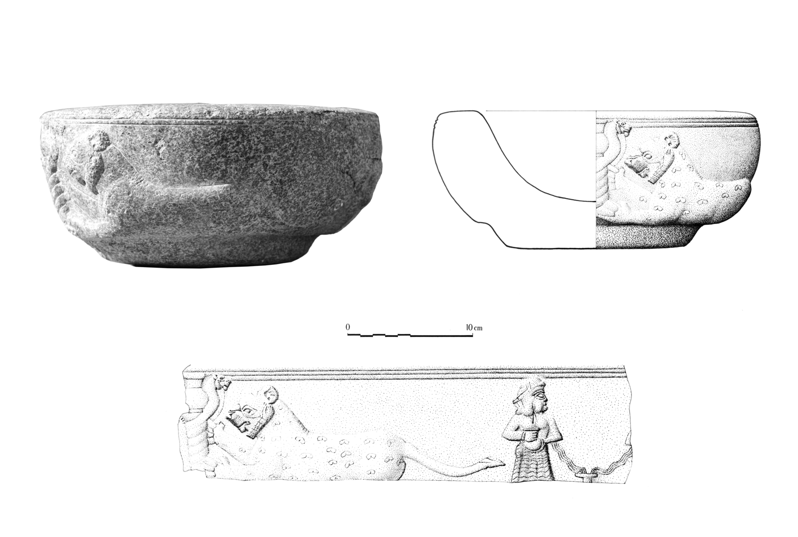 Bassin en pierre décoré. © Mission Archéologique française de Larsa-‘Oueili, Assemblage des archives JLH255_16_013 et 014_JLH255_8_024, dessin Joël Suire 