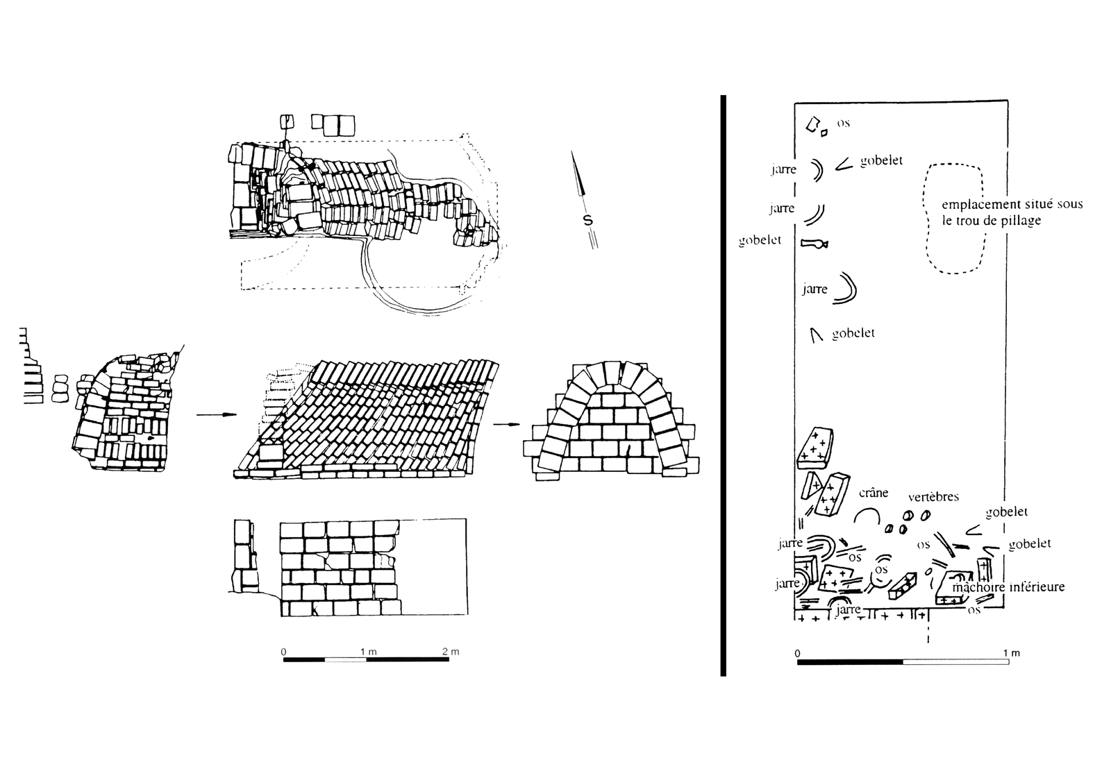 Le caveau de B 27. © Mission Archéologique française de Larsa-‘Oueili, d’après Calvet 2003, p. 211 et 212, fig. 17b et 18a