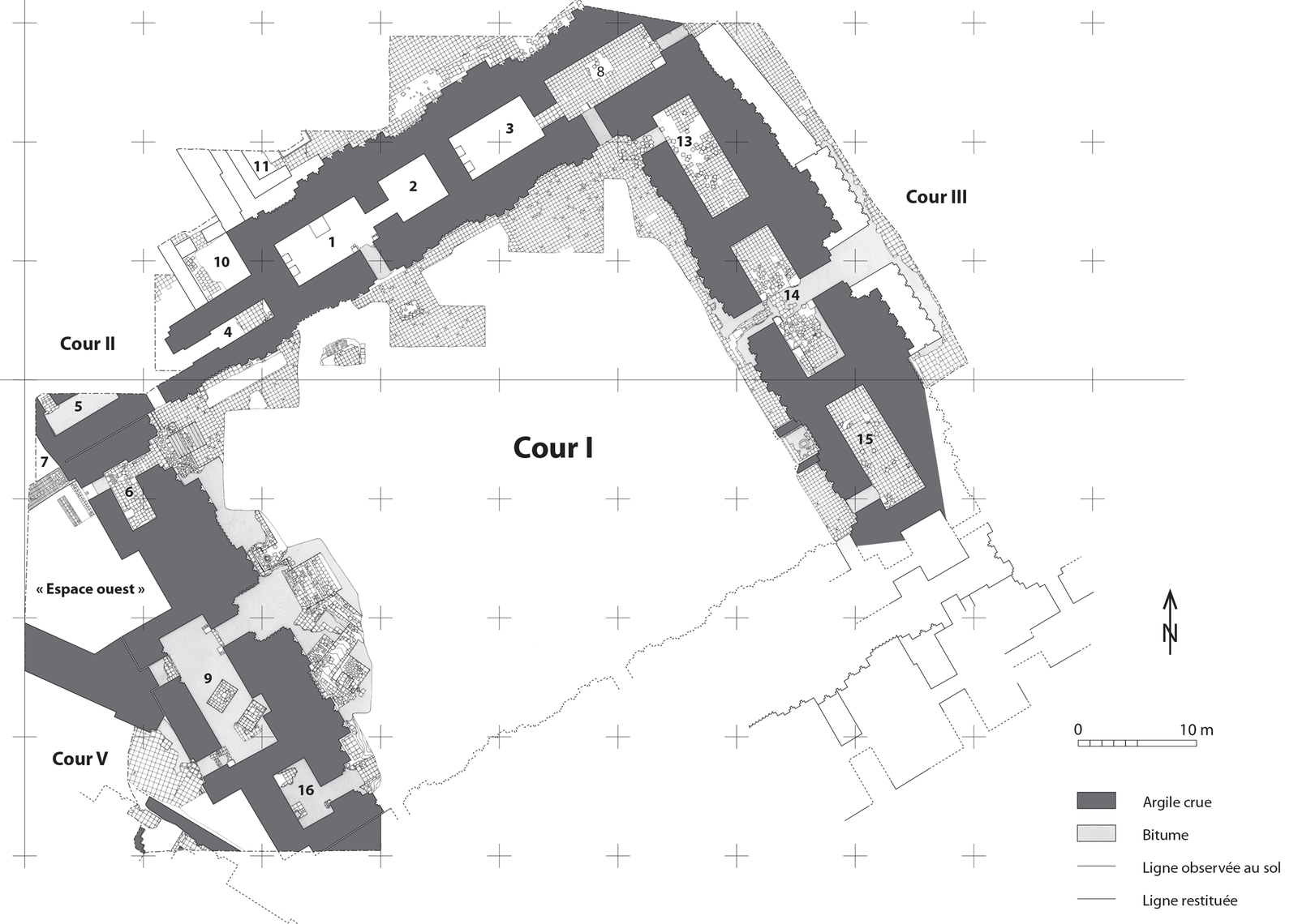 Plan général de la cour I. © Mission Archéologique française de Larsa-‘Oueili, publié dans Huot, 2014, p. 10, fig. 5 (DAO Hélène David-Cuny)