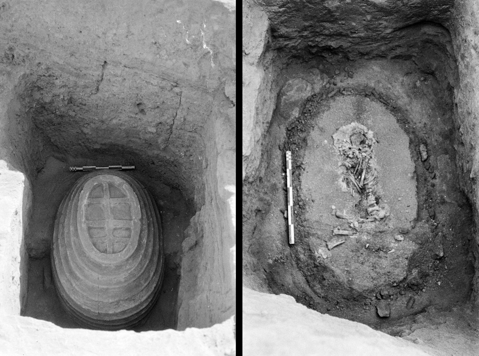 Sépulture d’un enfant. © Mission Archéologique française de Larsa-‘Oueili, ARCH. MAE, JLH257_3_002 et 018