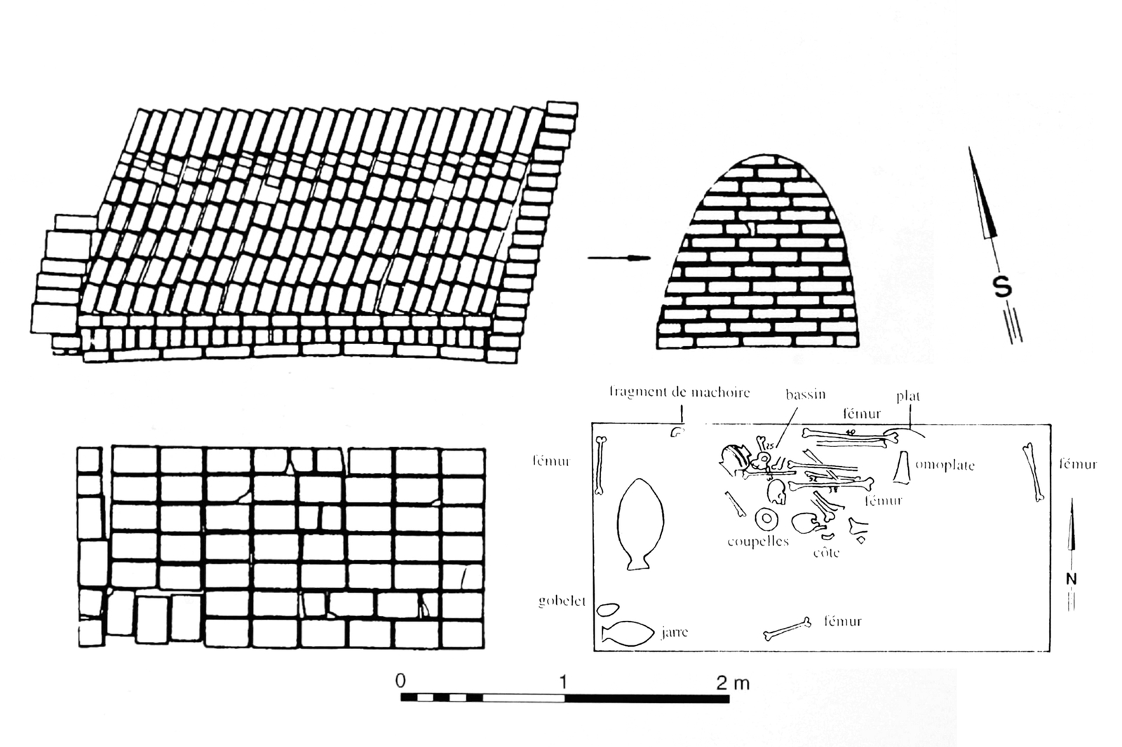 Le caveau de B 59. © Mission Archéologique française de Larsa-‘Oueili, d’après Calvet 2003, p. 226 et 227, fig. 34 et 35a