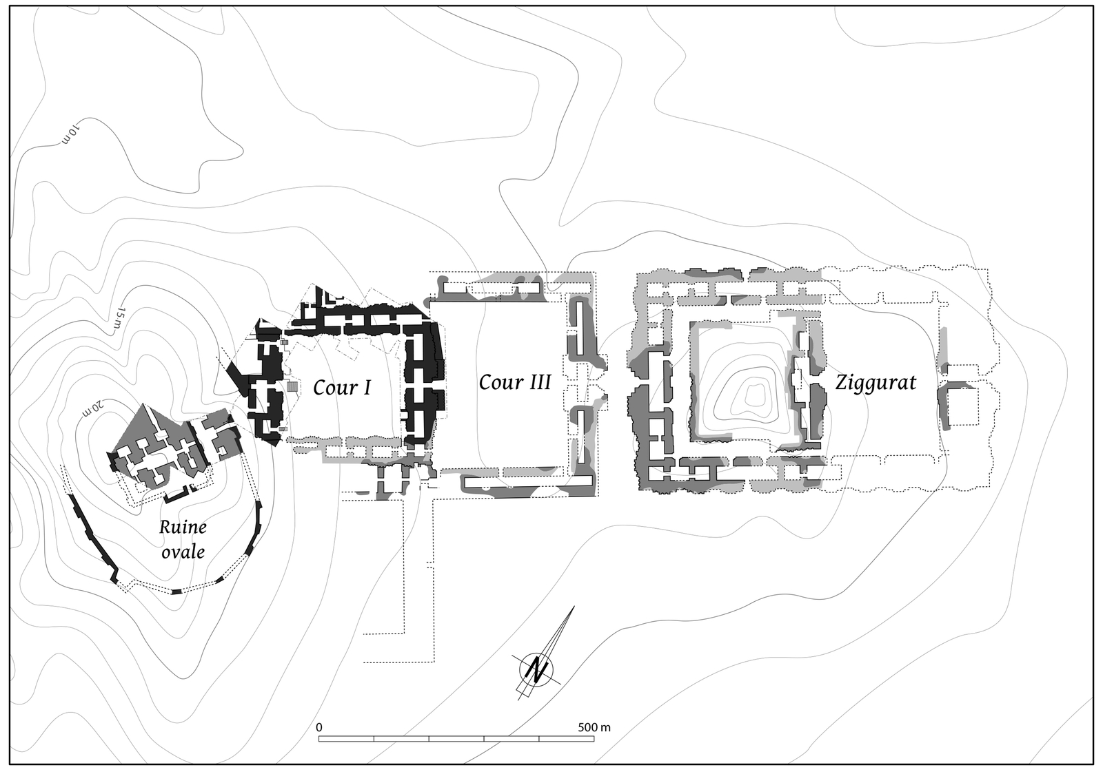 Le plan de l’E.babbar. © Mission Archéologique française de Larsa-‘Oueili, publié dans Huot, 2014, p. 10, fig. 5 (DAO Hélène David-Cuny)