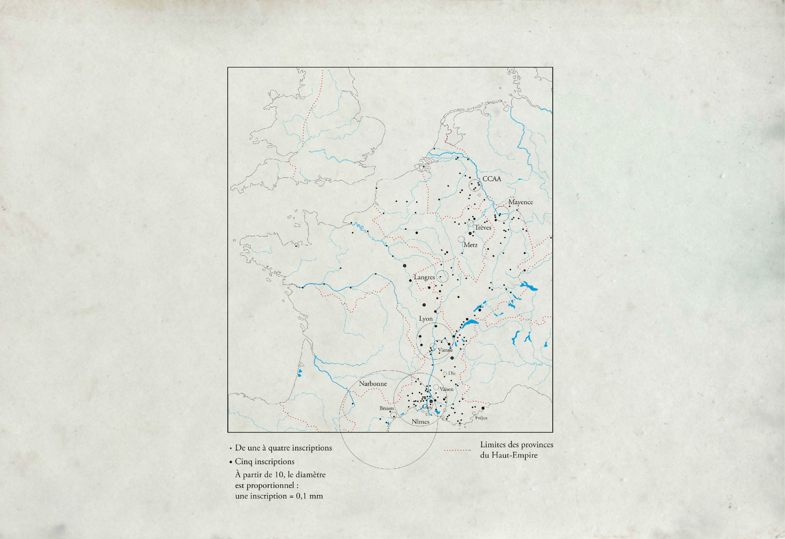 Carte des inscriptions des esclaves et des affranchis dans les provinces de Narbonnaise, de Belgique et des Germanies d'après A. Daubigney, F. Favory et L. Lazzaro. 