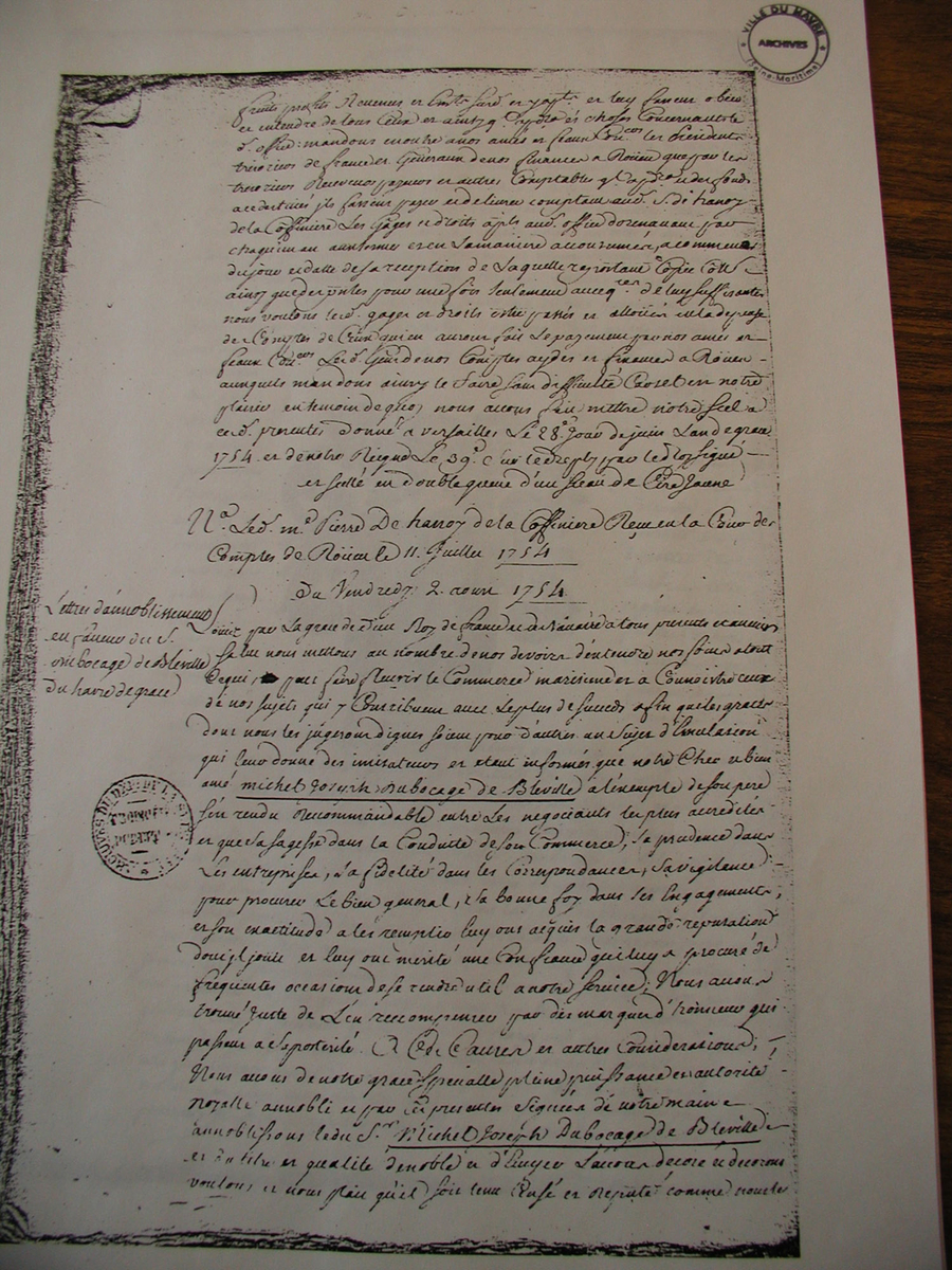 Photographie de la lettre d'anoblissement de Michel Dubocage