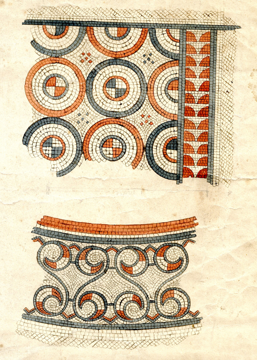 Mosaïque de la villa Sainte-Marguerite-sur-Mer (Seine-Maritime), aquarelles d'Amédée Feret, vers 1840.