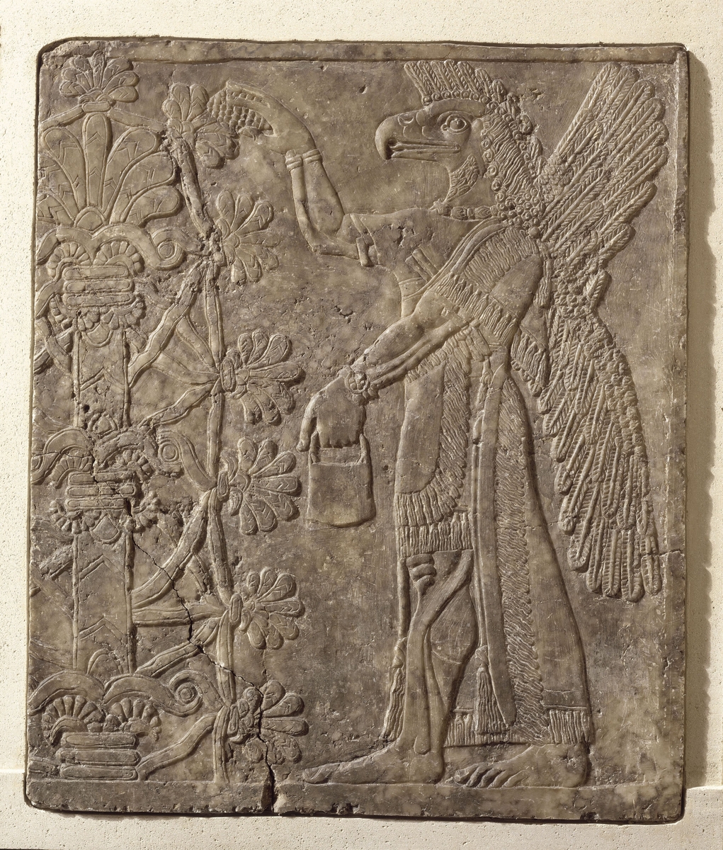 Nimrud : relief de génie à tête de rapace et arbre sacré