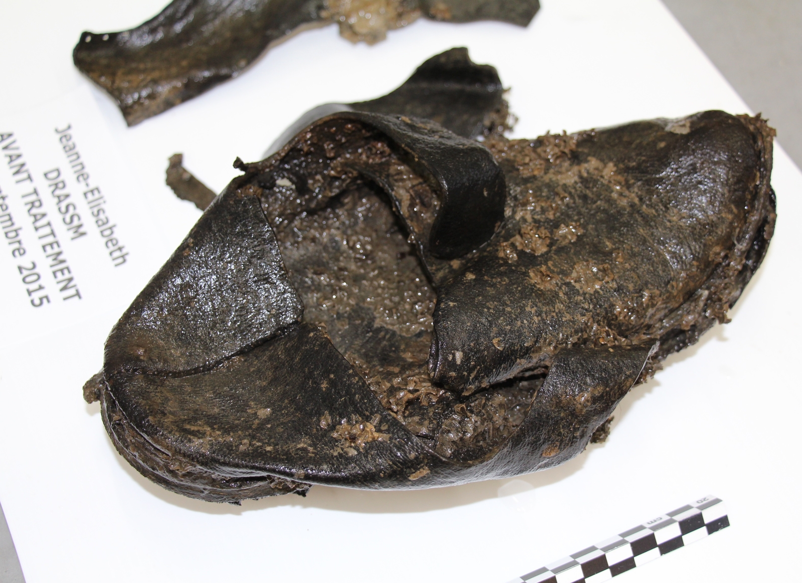 Photographie d'une chaussure découverte sur une épave avant traitement