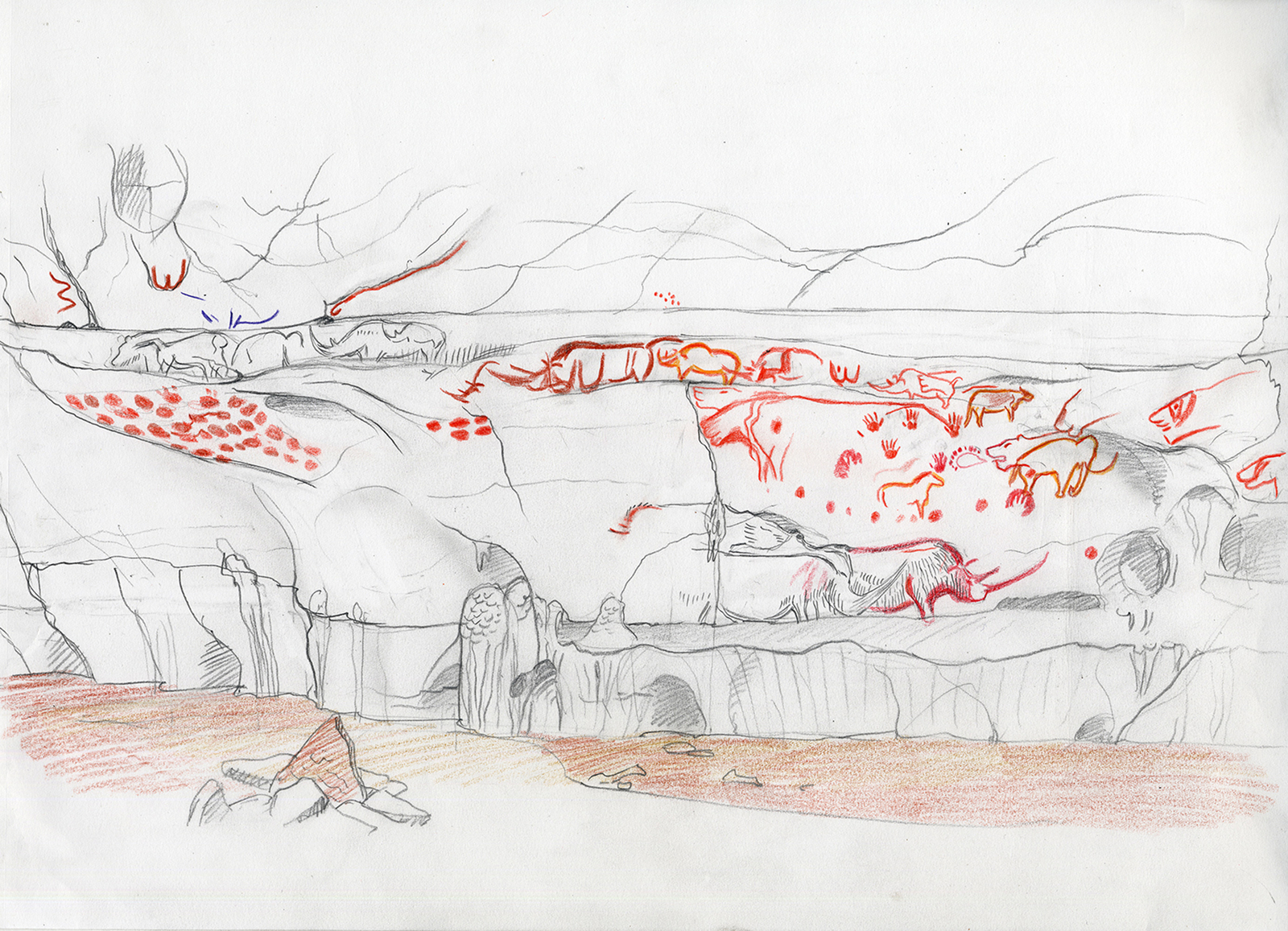 Croquis de lecture de la salle des Panneaux rouges