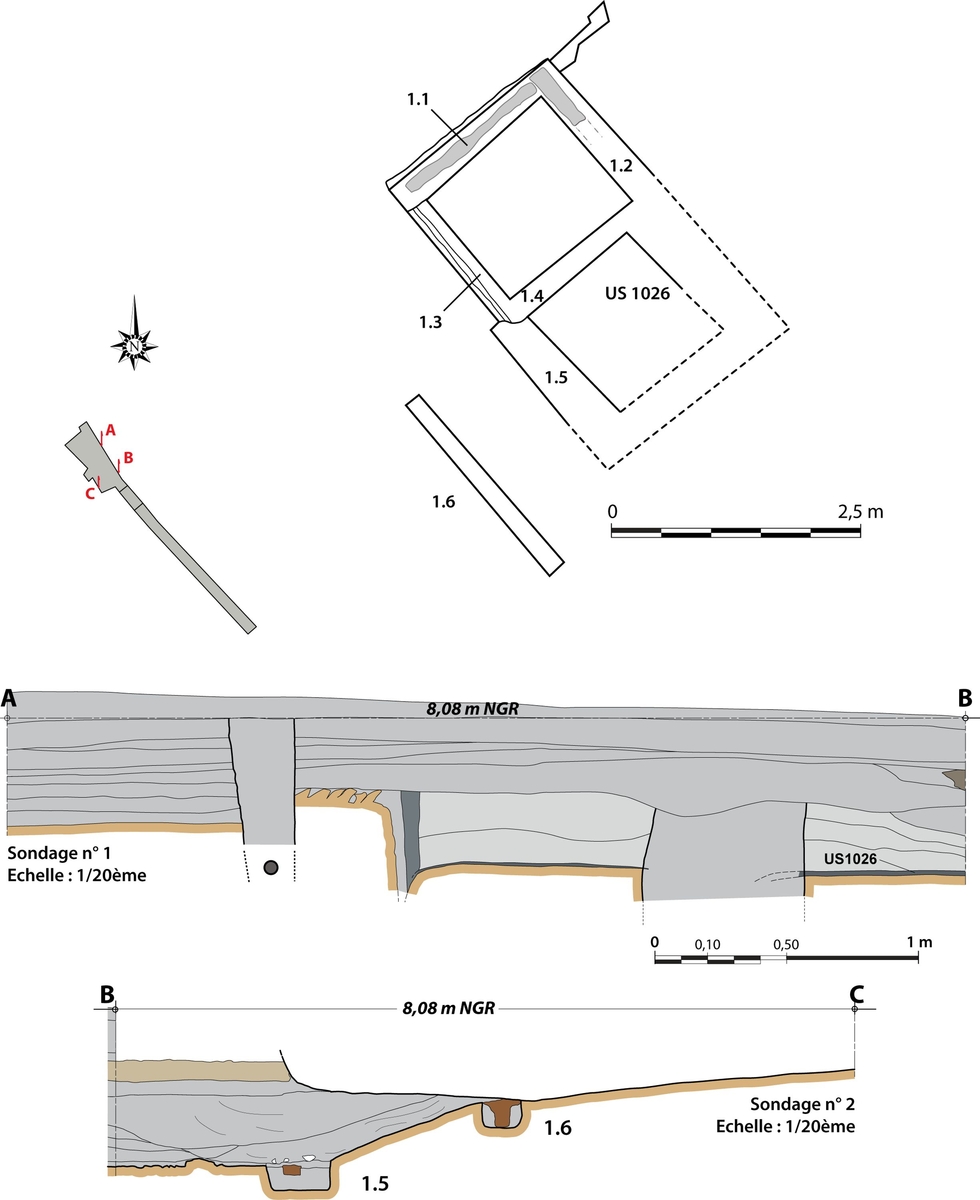 Plan and section drawings of the F1 structure (Saint-Denis, Rue de la Batterie, 2018)