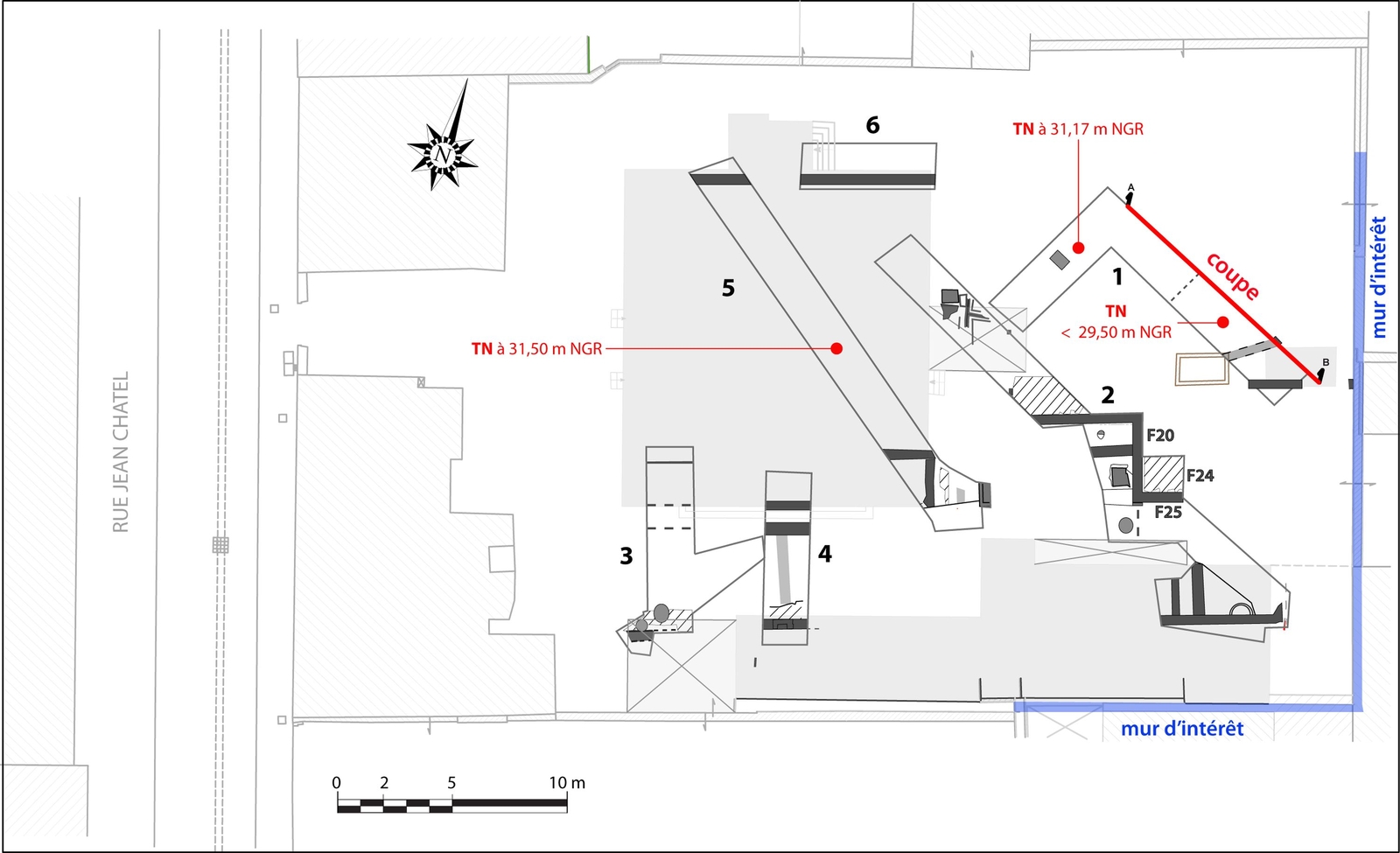 General map of test trenches made during the archaeological evaluation and the remains identified with the location of the buildings demolished in 2011 and the topographical elevations of the natural ground (TN).