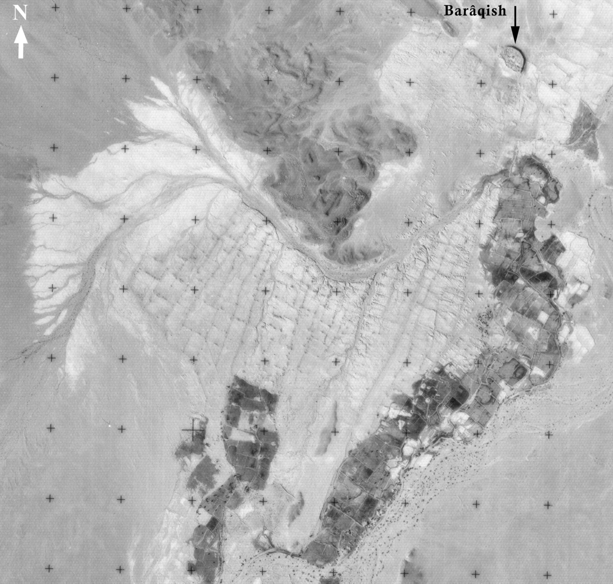 Vue aérienne de l'antique oasis de Barâqish (en blanc)
