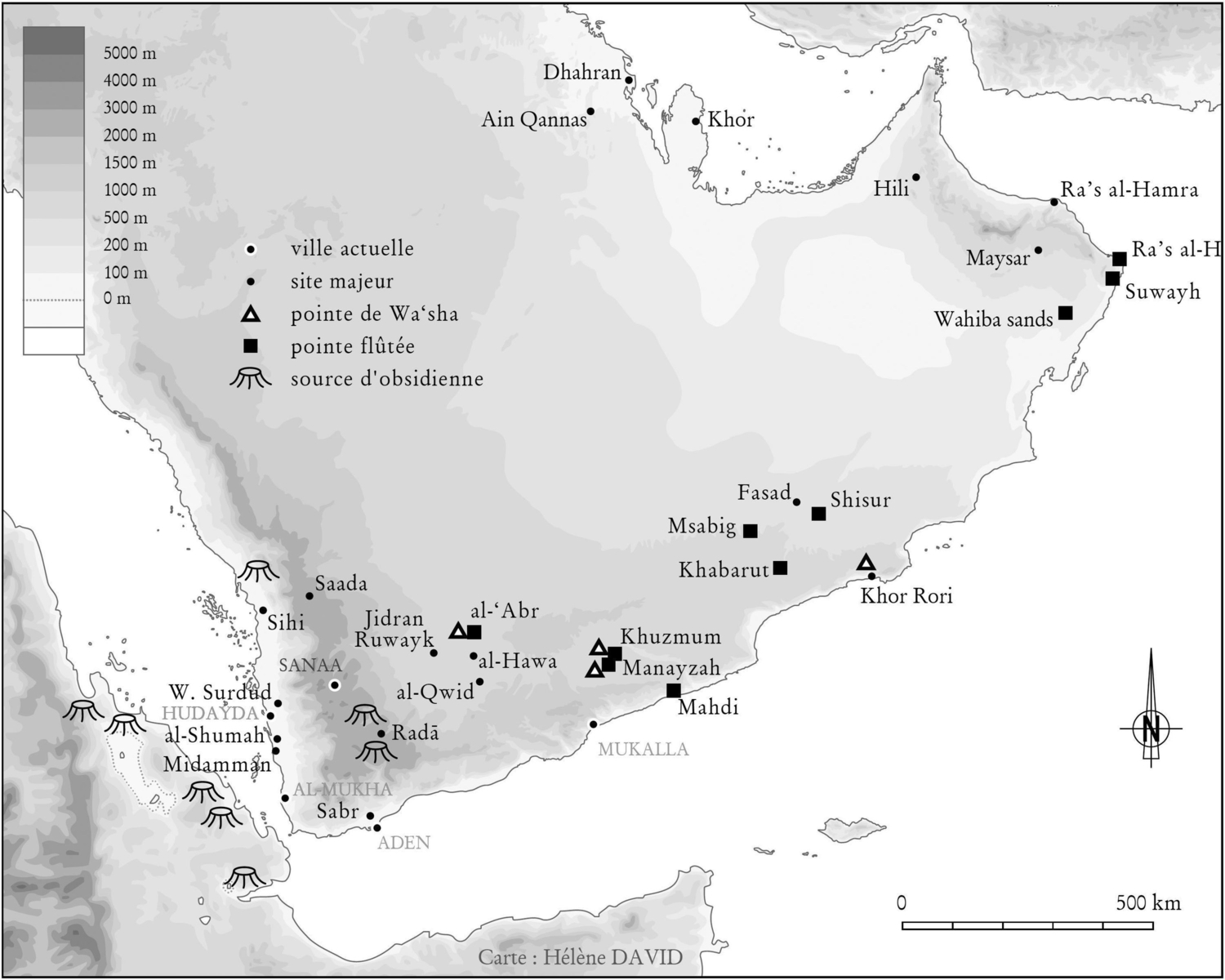 Sites préhistoriques majeurs et sources d'obsidienne en Arabie du sud.