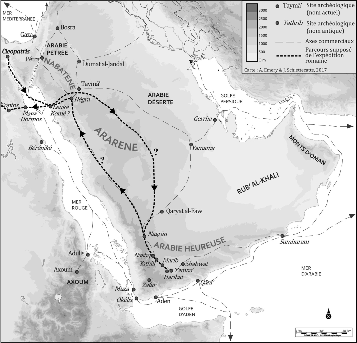 Carte de l'expédition romaine menée par Ælius Gallus en péninsule Arabique (-26/-25).