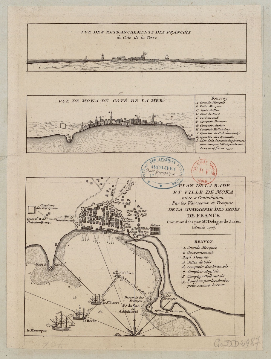 Vue et plan de la rade de Mokka en 1737