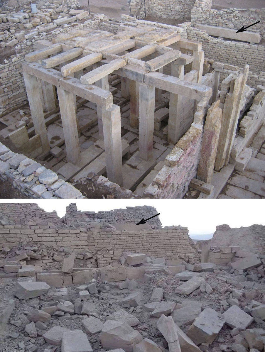 Temple de Nakrâh restauré à Barâqish. Avant et après bombardement aérien.