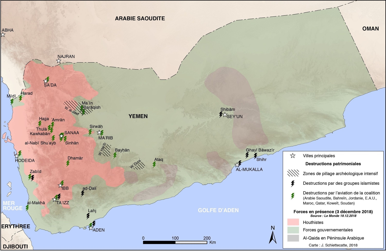 Carte des destructions patrimoniales et zones de pillage au Yémen
