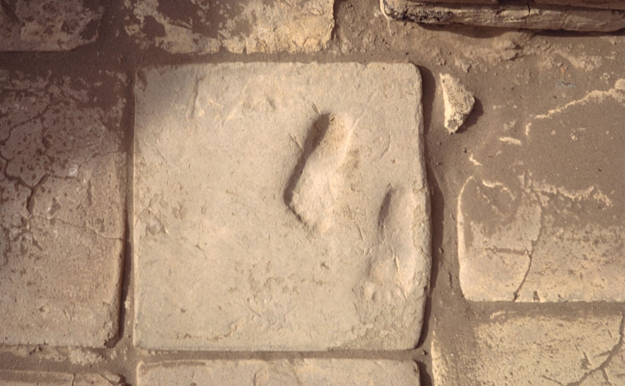 Brique cuite d'un carrelage découvert en 1978 dans l'E.babbar. Elle présente deux empreintes de pieds d’un enfant.