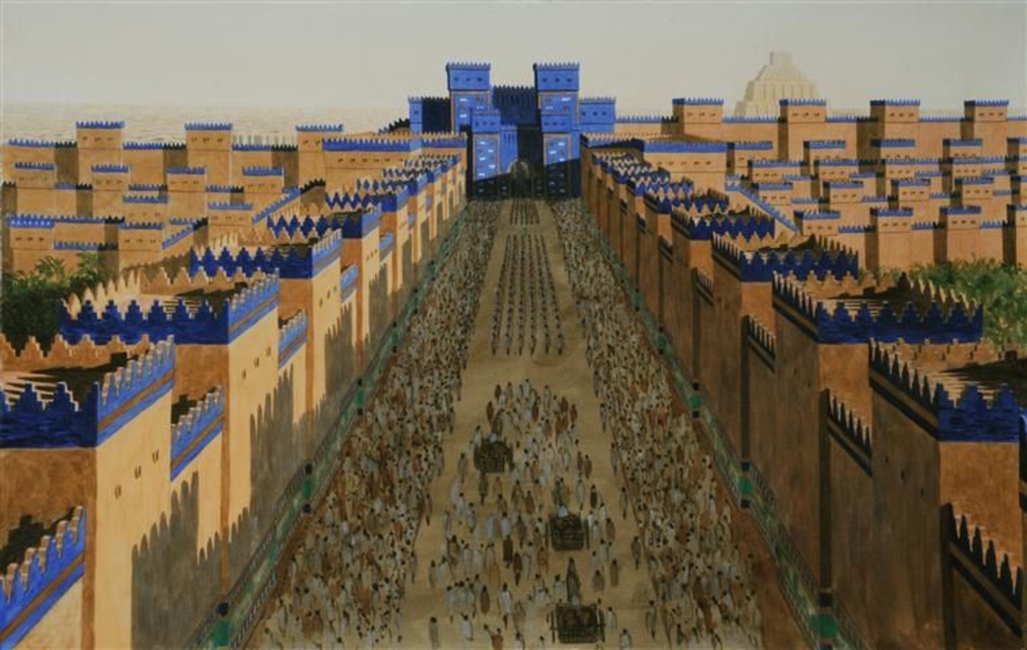 La Voie processionnelle de Babylone Peinture contemporaine de Balage Balogh représentant la Voie processionnelle de Babylone, qui s'étend au moins sur un km, et qui est décorée de plus de 120 lions.