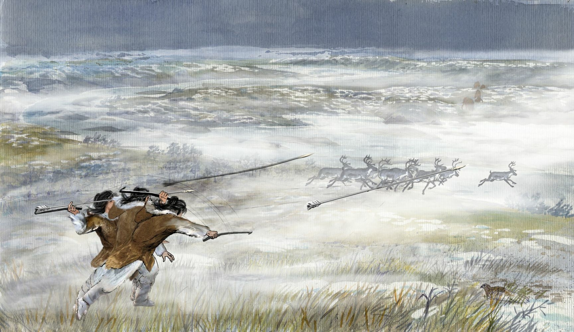 Illustration des abords du campement paléolithique d'Etiolles avec un chasseur de rennes lancant une sagaie au premier plan