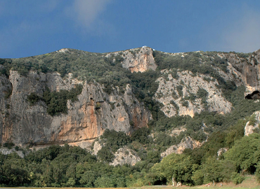 Panorama sur la falaise dans laquelle s'ouvre la grotte Chauvet. 