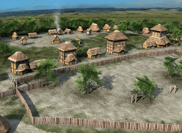 Restitution 3D de la grande cour communautaire et des bâtiments cultuels du village gaulois d'Acy-Romance