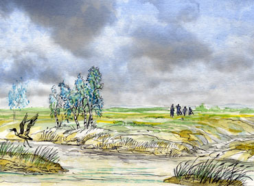 Dessin illustrant le paysage du site d'Etiolles au Magdalénien