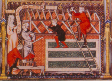 Carpenters at work on the basilica, after La vie de monseigneur saint Denis by the monk Yves, circa 1317 (BNF, ms. fr. 2091, f° 75v°). © BNF