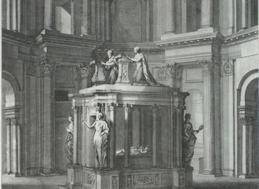 Plate from the History by Dom Michel Félibien depicting an interior view of the Valois mausoleum with the tomb of Henry II and Catherine de Medicis, by A. le Blond, 1706.