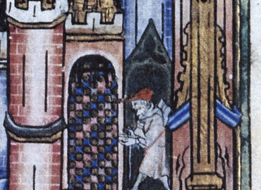 A pilgrim walking barefoot with his shoes hung around his neck, after La Vie de monseigneur saint Denis by the monk Yves, circa 1317 © BNF, ms fr. 2091, f°1.