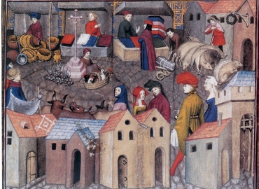 Scène de foire dans "Le chevalier errant" de Thomas de Saluce, vers 1403 - 1404 (BNF, ms. fr 12559, f° 167). © BNF.