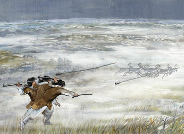 Illustration of hunters chasing reindeer